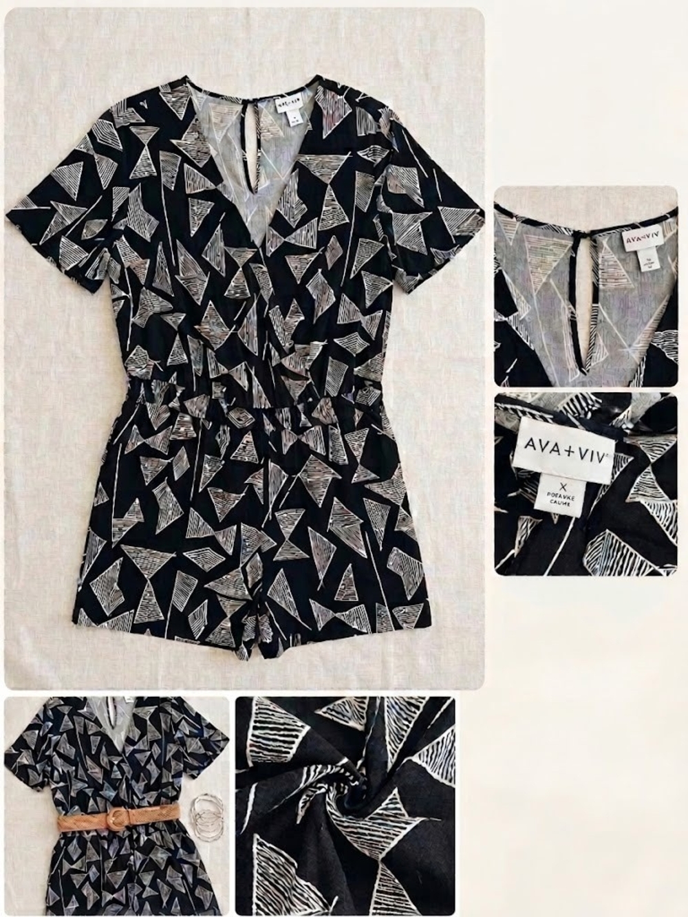 Black Geometric V-Neck Short Sleeve Romper
